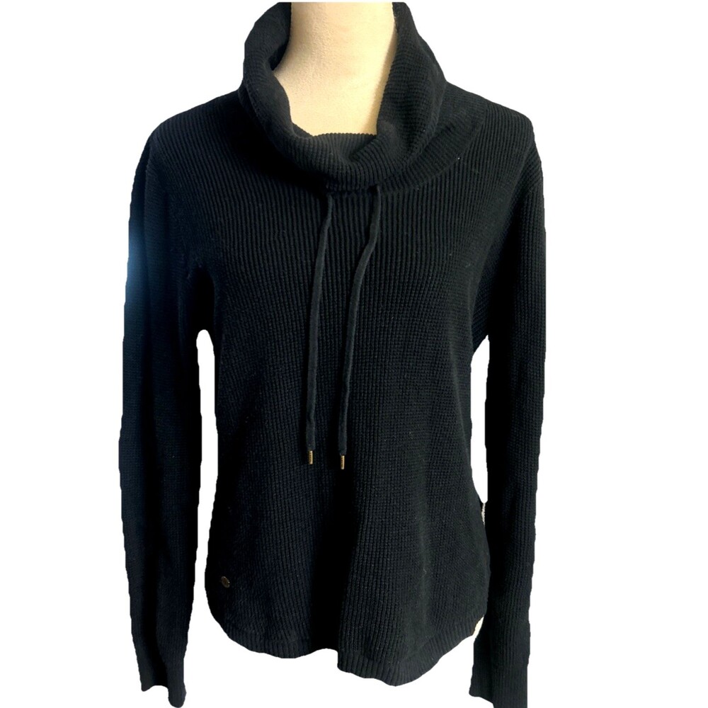 Lauren Ralph Lauren Women M Cotton Black Waffle Knit Cowl Neck Sweater Long Slv